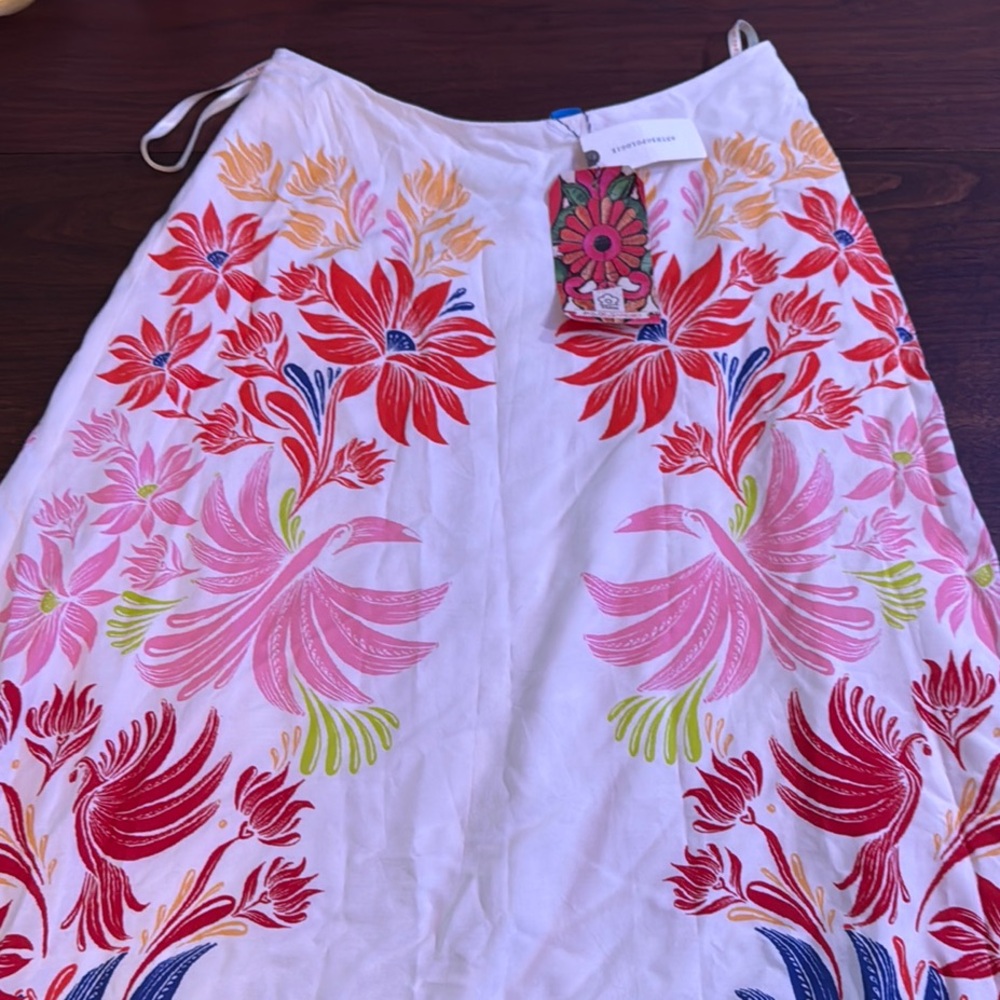 Anthropologie White Maxi Skirt with Red and Pink Floral Design
